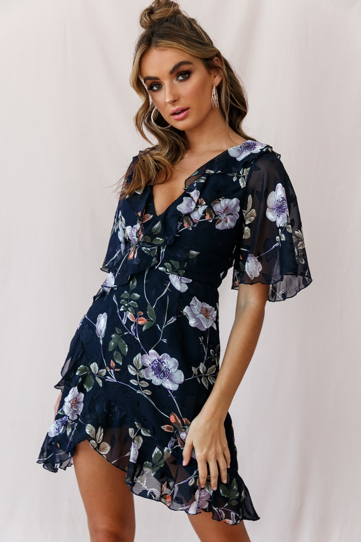 June Angel Sleeve Ruffle Detail Dress Navy-Maymioy