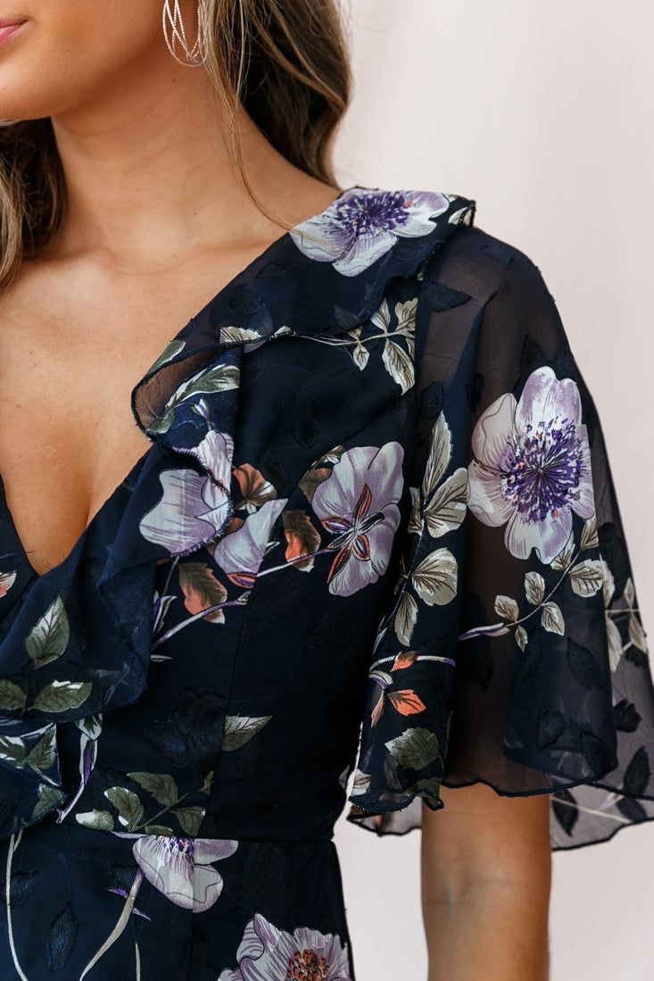 June Angel Sleeve Ruffle Detail Dress Navy-Maymioy