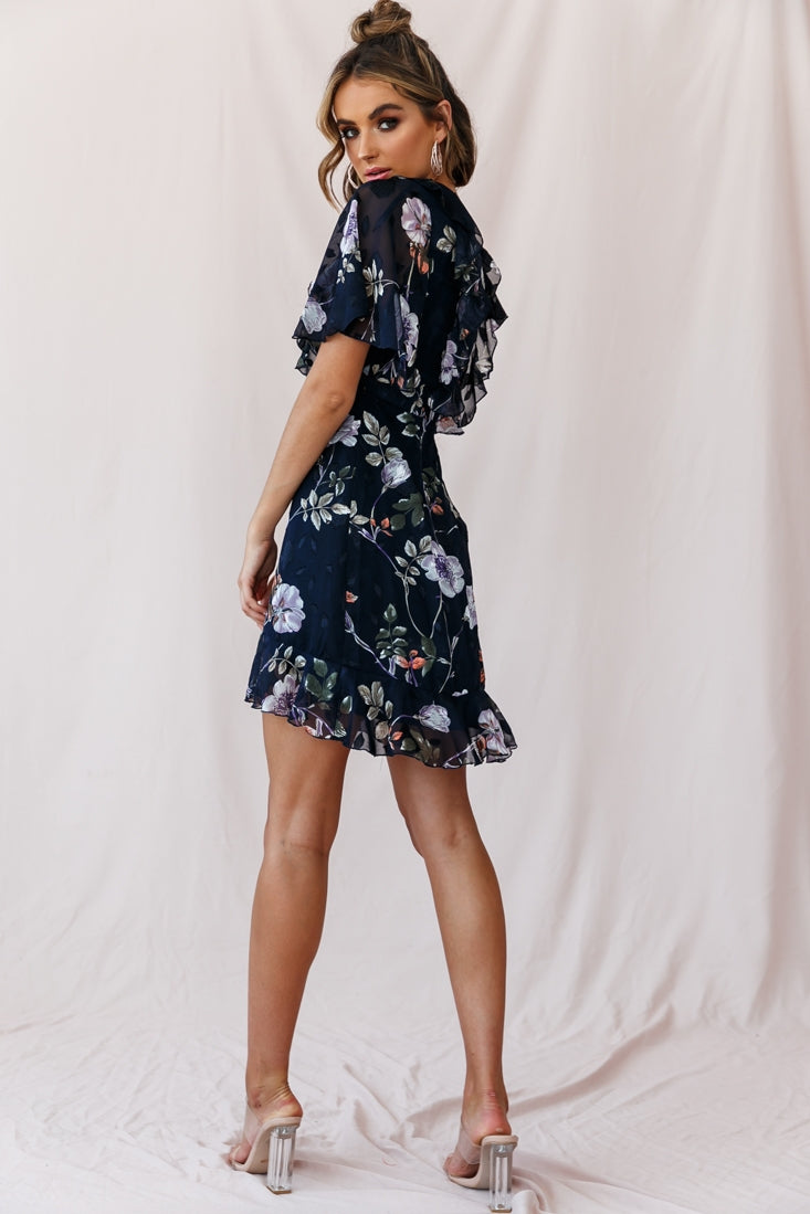 June Angel Sleeve Ruffle Detail Dress Navy-Maymioy