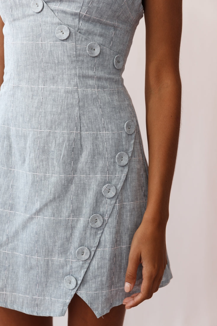 Bijoux Faux Placket Tied Shoulder Dress Square Stitch Grey-Maymioy