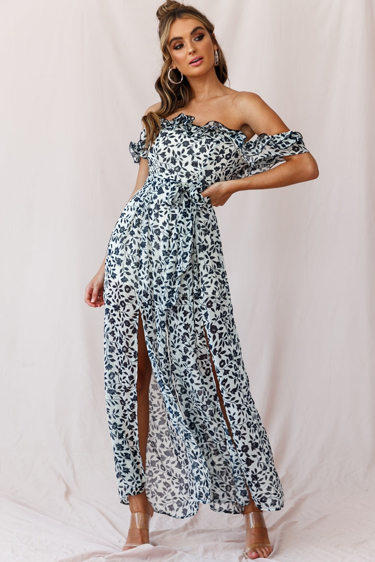 Jazz Bardot Neckline Wide Leg Split Jumpsuit Navy-Maymioy