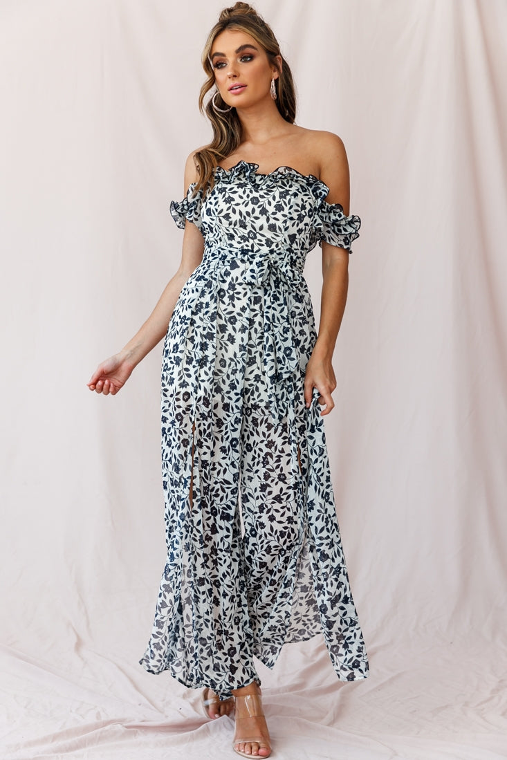 Jazz Bardot Neckline Wide Leg Split Jumpsuit Navy-Maymioy
