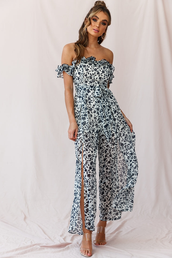 Jazz Bardot Neckline Wide Leg Split Jumpsuit Navy-Maymioy