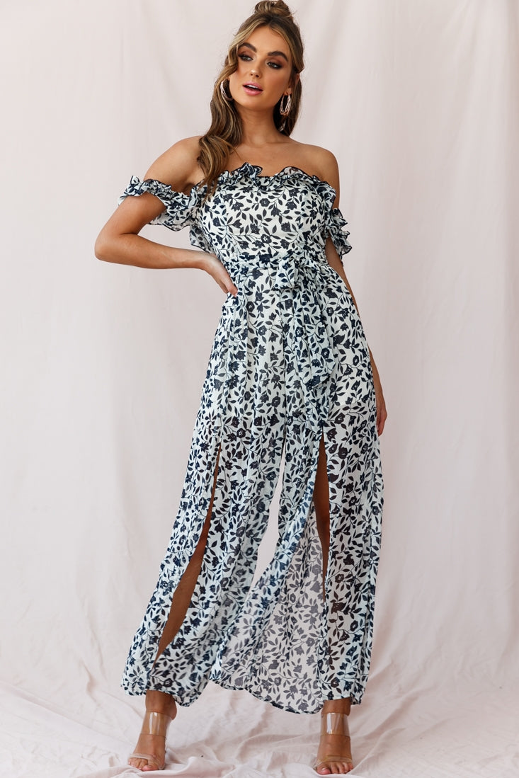 Jazz Bardot Neckline Wide Leg Split Jumpsuit Navy-Maymioy