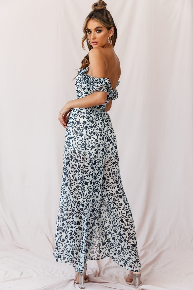 Jazz Bardot Neckline Wide Leg Split Jumpsuit Navy-Maymioy