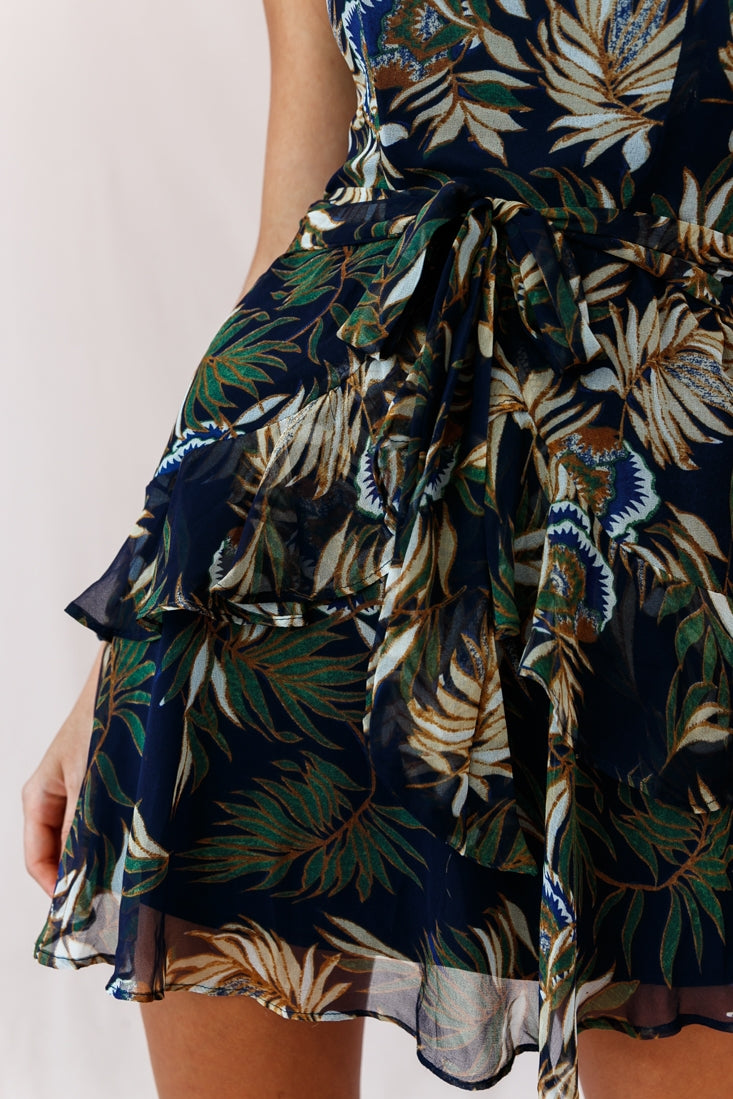 Chase Strapless Tie-Knot Back Dress Leaf Print Navy-Maymioy