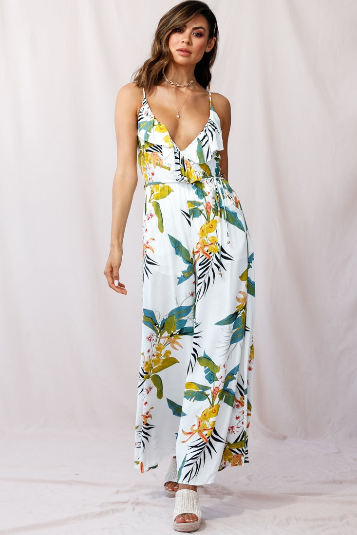 Melita Ruffle V-Neckline Jumpsuit Tropical Print White-Maymioy