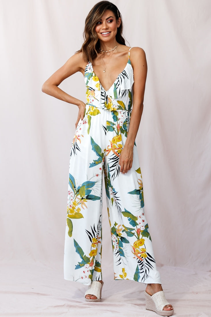 Melita Ruffle V-Neckline Jumpsuit Tropical Print White-Maymioy