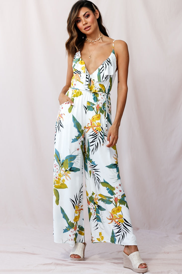 Melita Ruffle V-Neckline Jumpsuit Tropical Print White-Maymioy