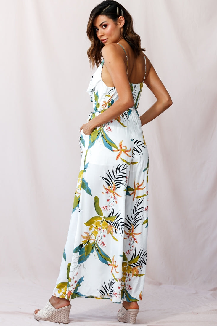 Melita Ruffle V-Neckline Jumpsuit Tropical Print White-Maymioy