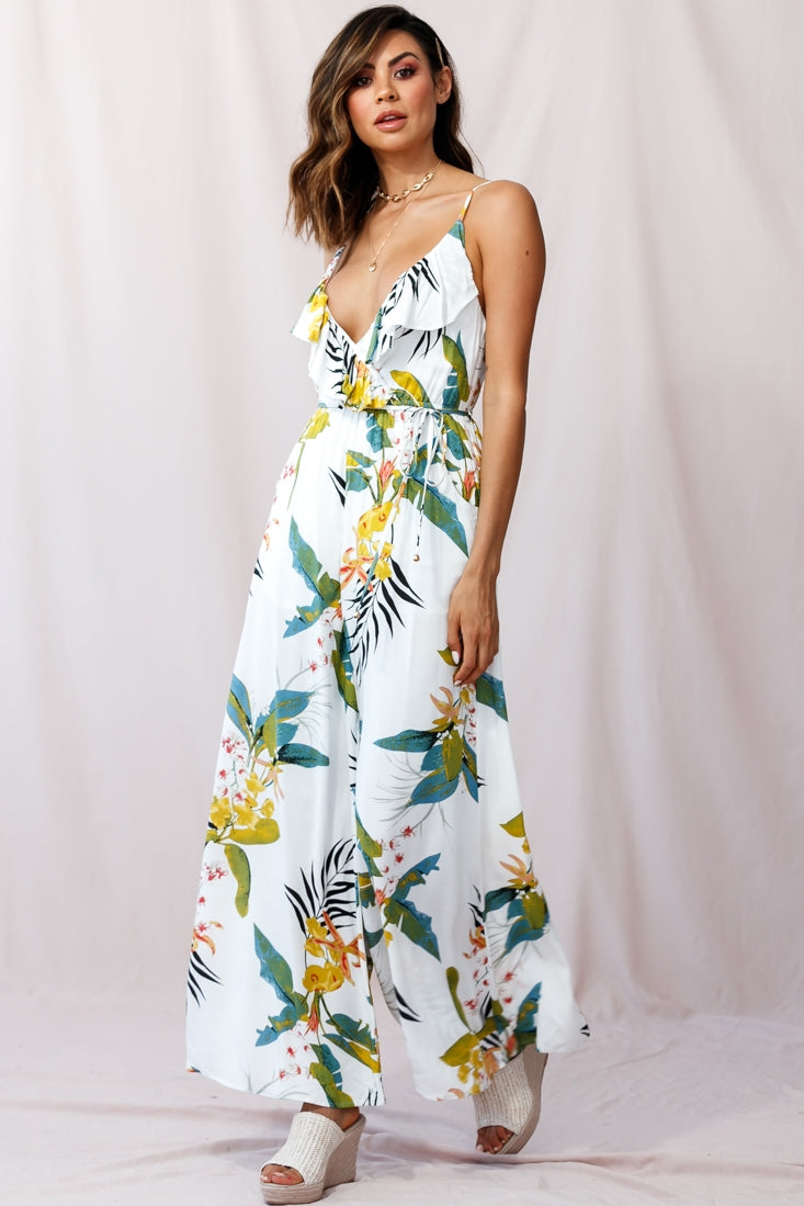 Melita Ruffle V-Neckline Jumpsuit Tropical Print White-Maymioy