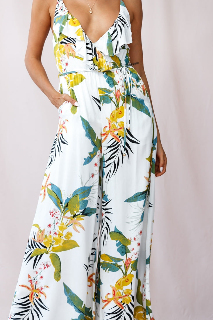 Melita Ruffle V-Neckline Jumpsuit Tropical Print White-Maymioy
