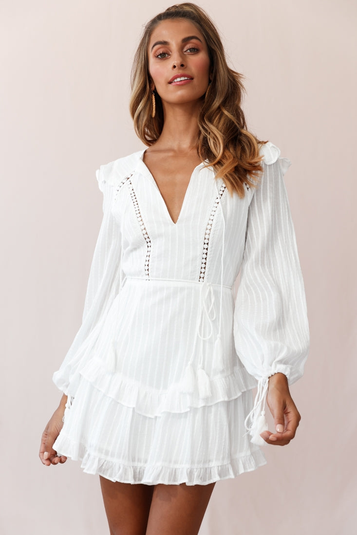 Yours Truly Bell Sleeve Ruffle Dress White-Maymioy