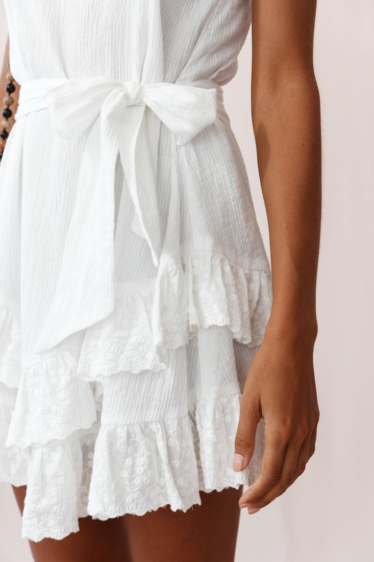 Petrie Ruffle Detail Waist Tie Dress White-Maymioy