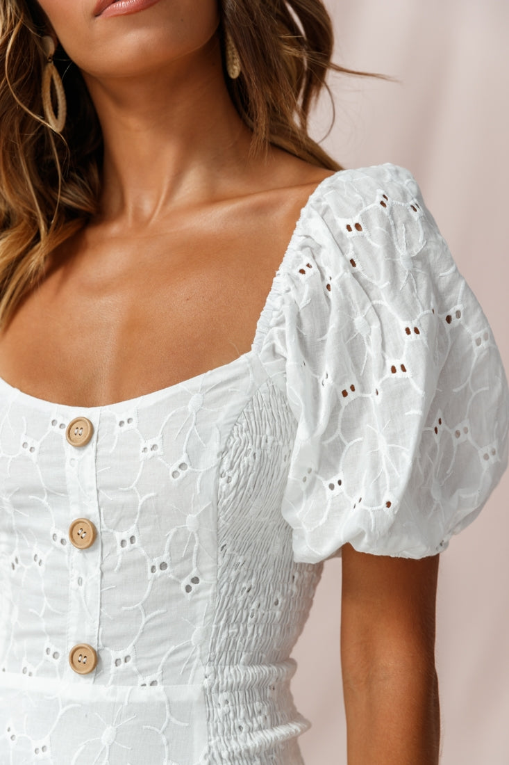 Darling Puff Sleeve Shirred Dress White-Maymioy