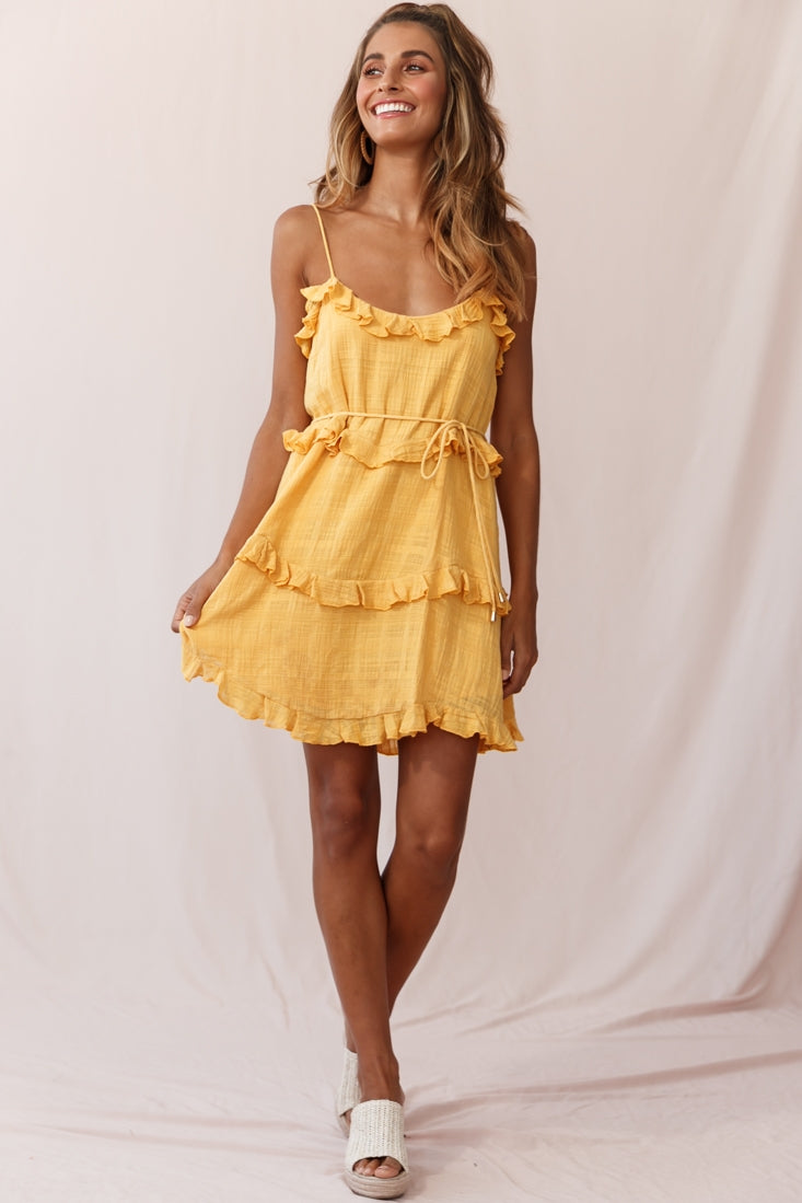 Maria Frill Trim Spaghetti Strap Dress Mustard-Maymioy