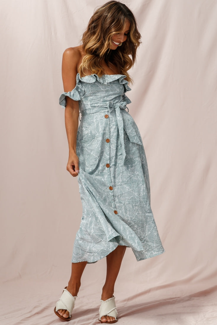 Matisse Off-Shoulder Placket Dress Sage Pattern-Maymioy