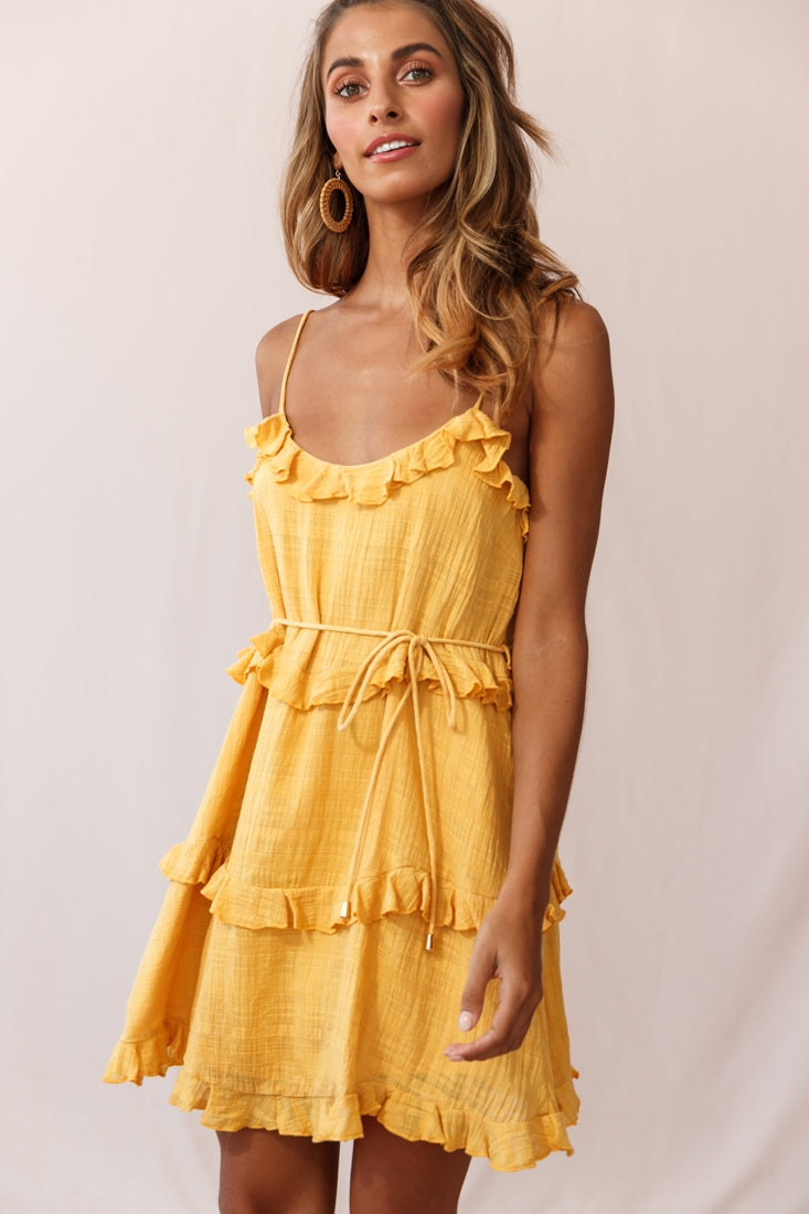 Maria Frill Trim Spaghetti Strap Dress Mustard-Maymioy