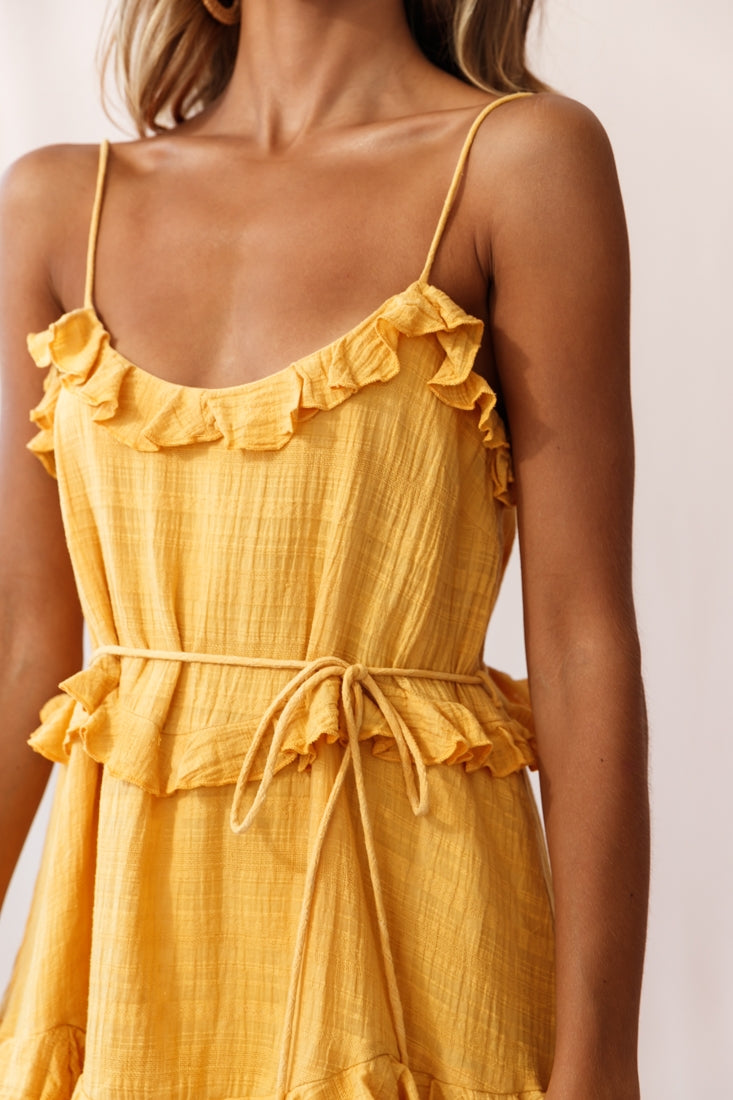 Maria Frill Trim Spaghetti Strap Dress Mustard-Maymioy