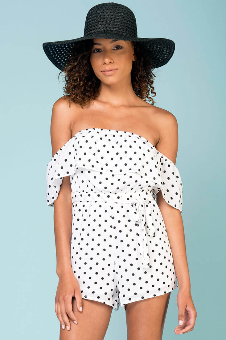 Wynter Casual Romper White With Black Polka Dots-Maymioy