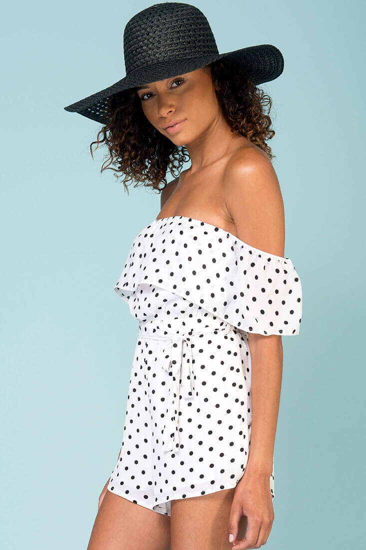 Wynter Casual Romper White With Black Polka Dots-Maymioy