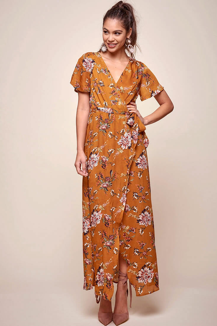 Cheri Floral Wrap Maxi Dress Mustard-Maymioy