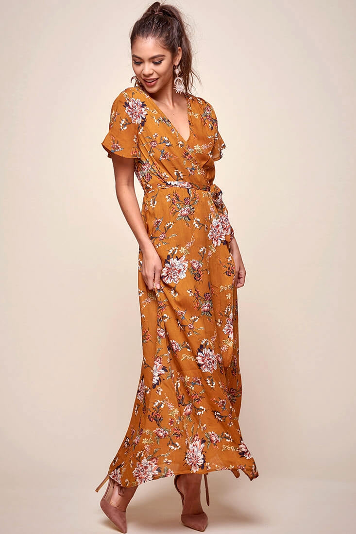 Cheri Floral Wrap Maxi Dress Mustard-Maymioy