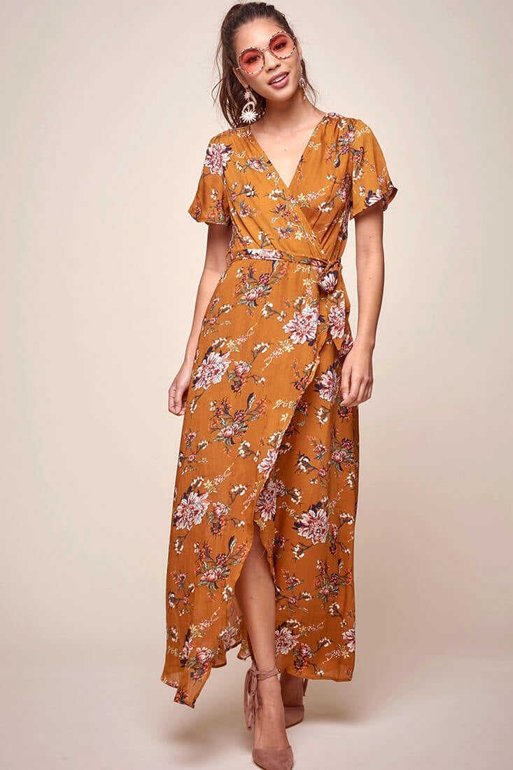 Cheri Floral Wrap Maxi Dress Mustard-Maymioy