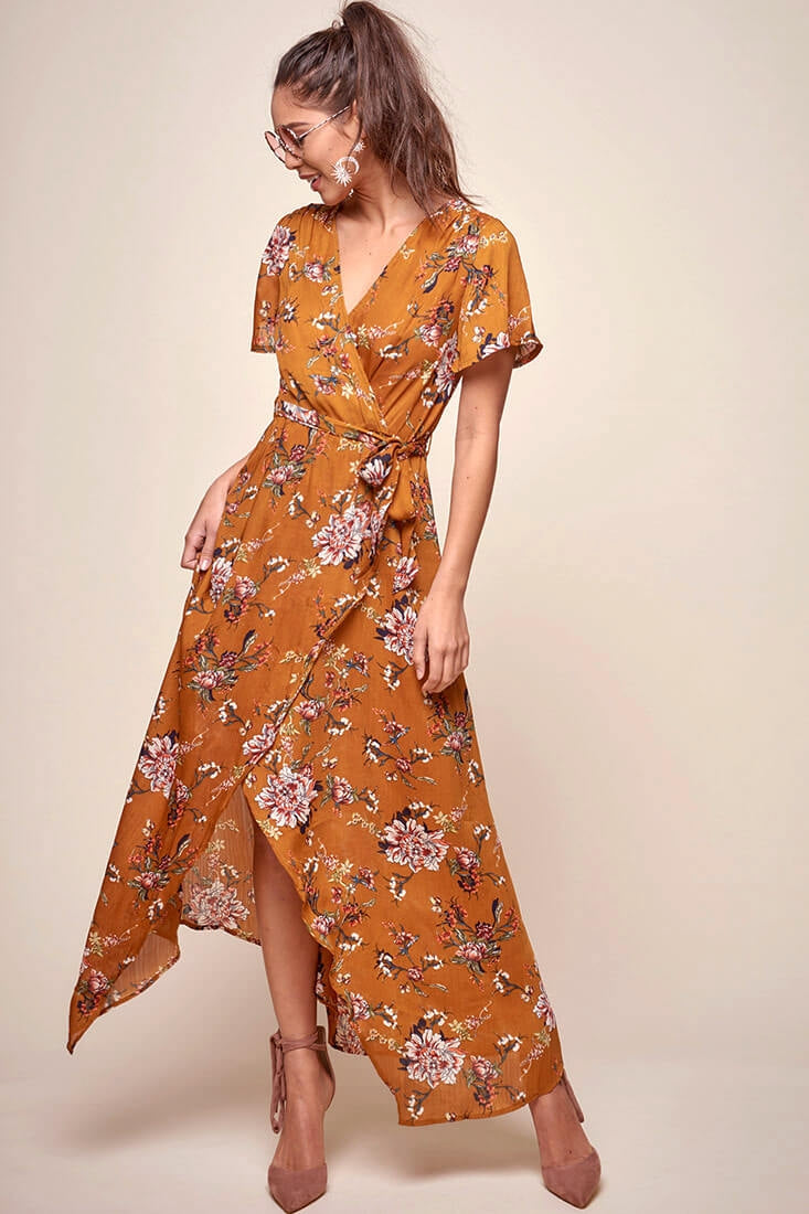 Cheri Floral Wrap Maxi Dress Mustard-Maymioy