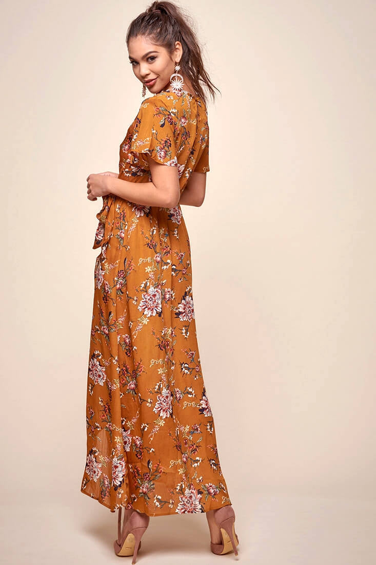 Cheri Floral Wrap Maxi Dress Mustard-Maymioy