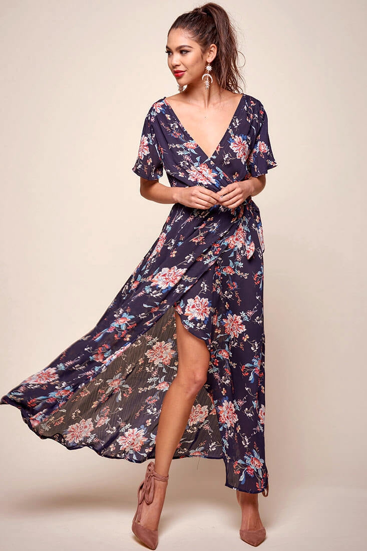 Cheri Floral Wrap Maxi Dress Navy-Maymioy