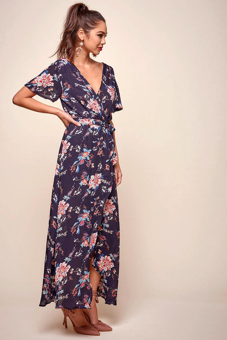 Cheri Floral Wrap Maxi Dress Navy-Maymioy