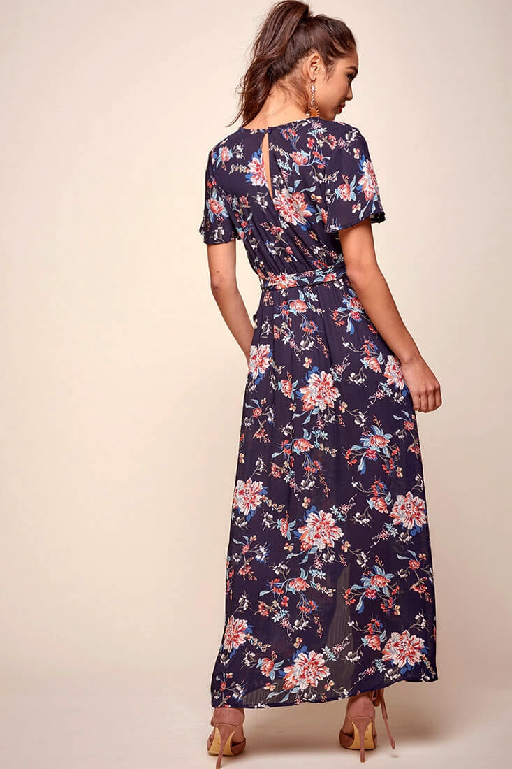 Cheri Floral Wrap Maxi Dress Navy-Maymioy