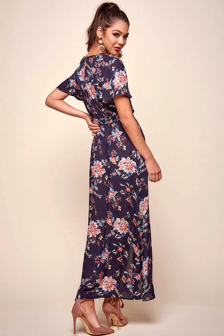Cheri Floral Wrap Maxi Dress Navy-Maymioy