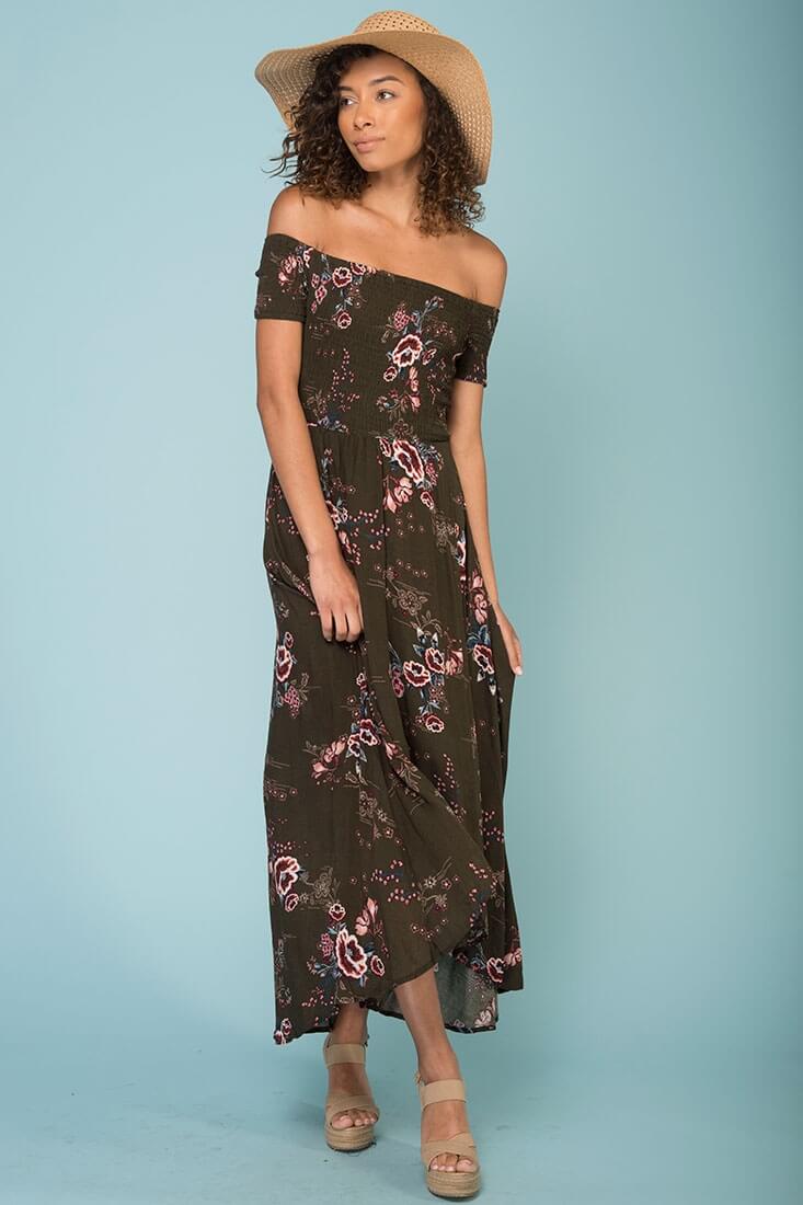 Summer Picnic Floral Print High Low Midi Dress Khaki-Maymioy