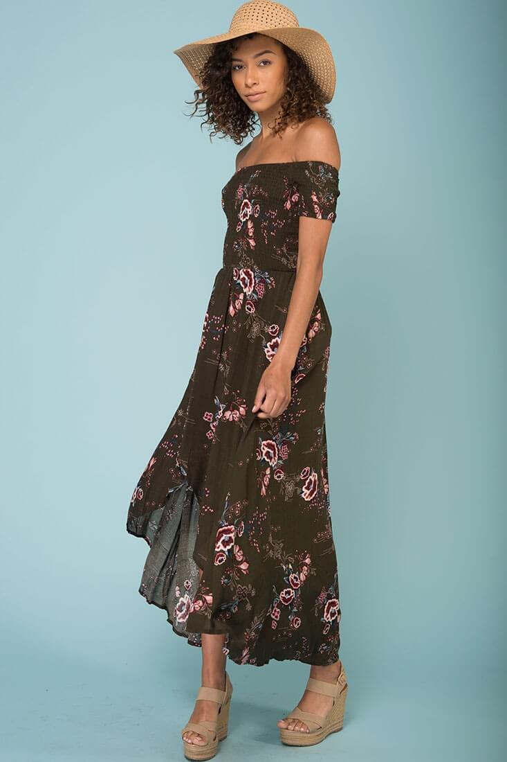 Summer Picnic Floral Print High Low Midi Dress Khaki-Maymioy