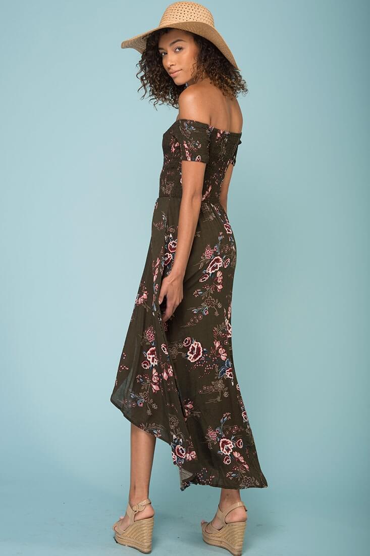 Summer Picnic Floral Print High Low Midi Dress Khaki-Maymioy