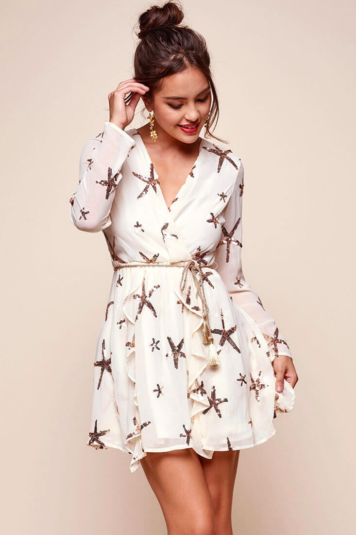 Riley Star Wrap Dress Beige-Maymioy