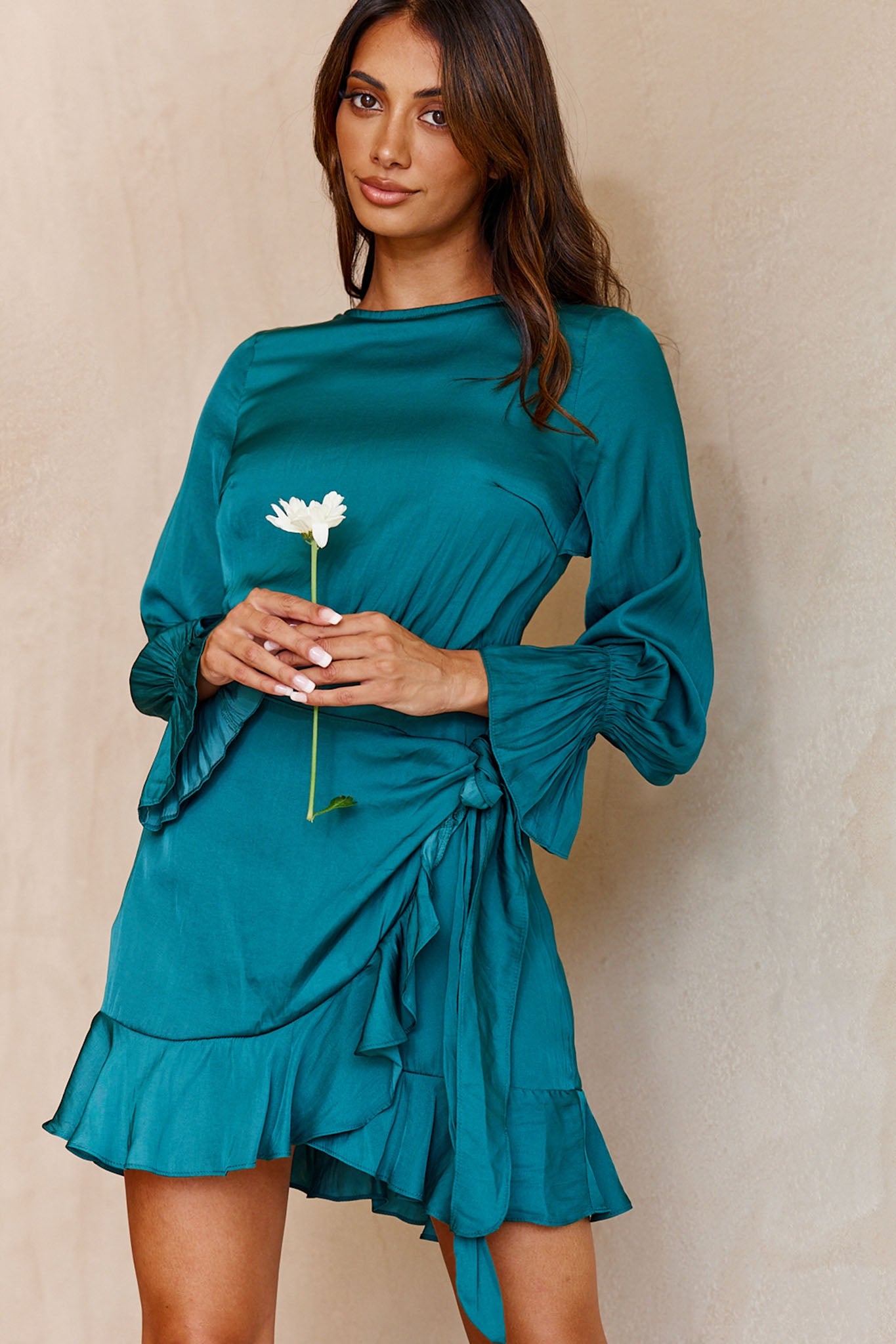 Darla Long Sleeve Satin Dress Forest Green-Maymioy