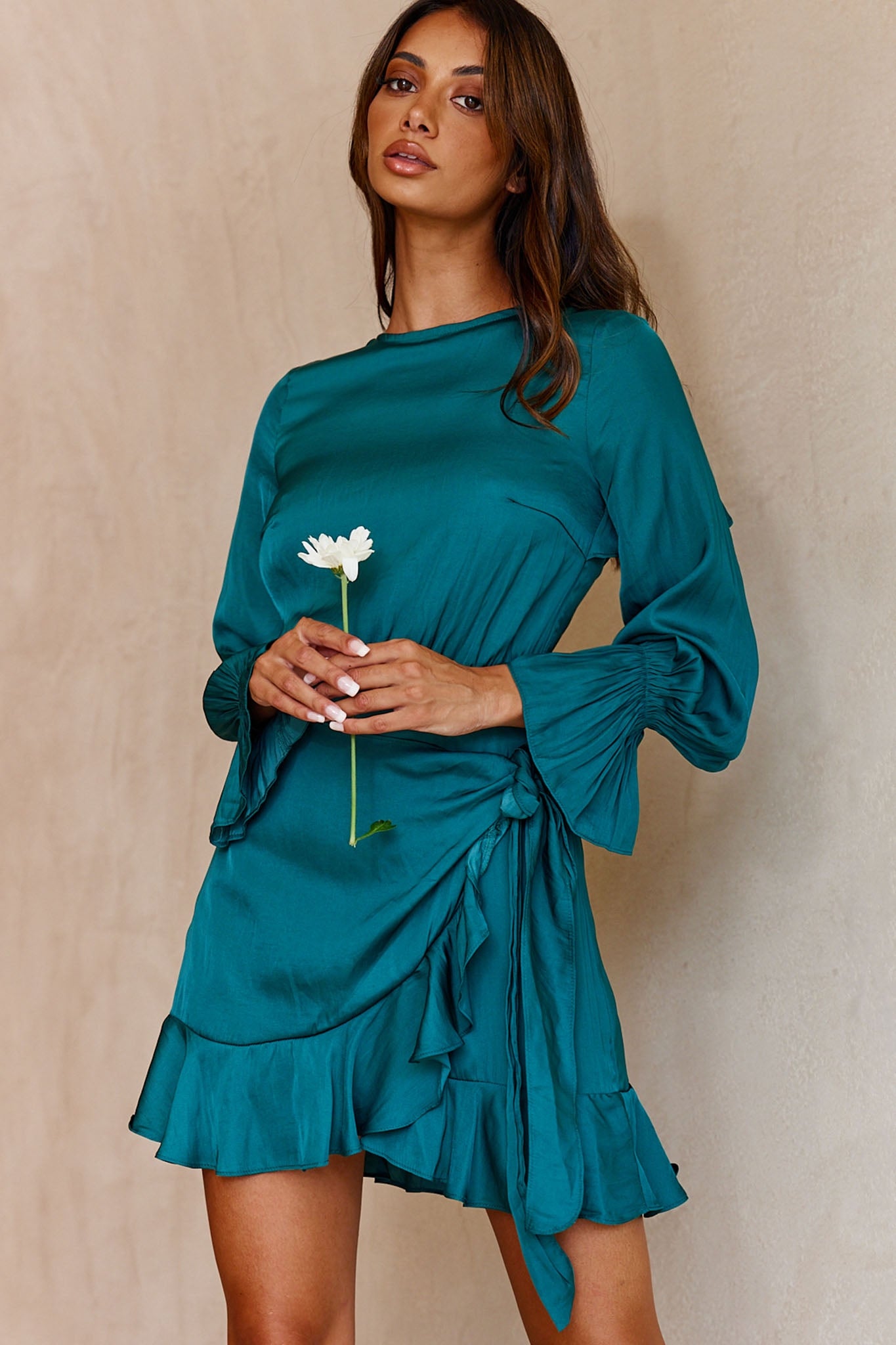 Darla Long Sleeve Satin Dress Forest Green-Maymioy