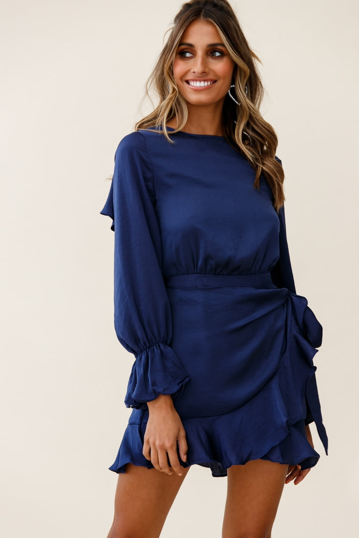 Darla Long Sleeve Satin Dress Navy-Maymioy