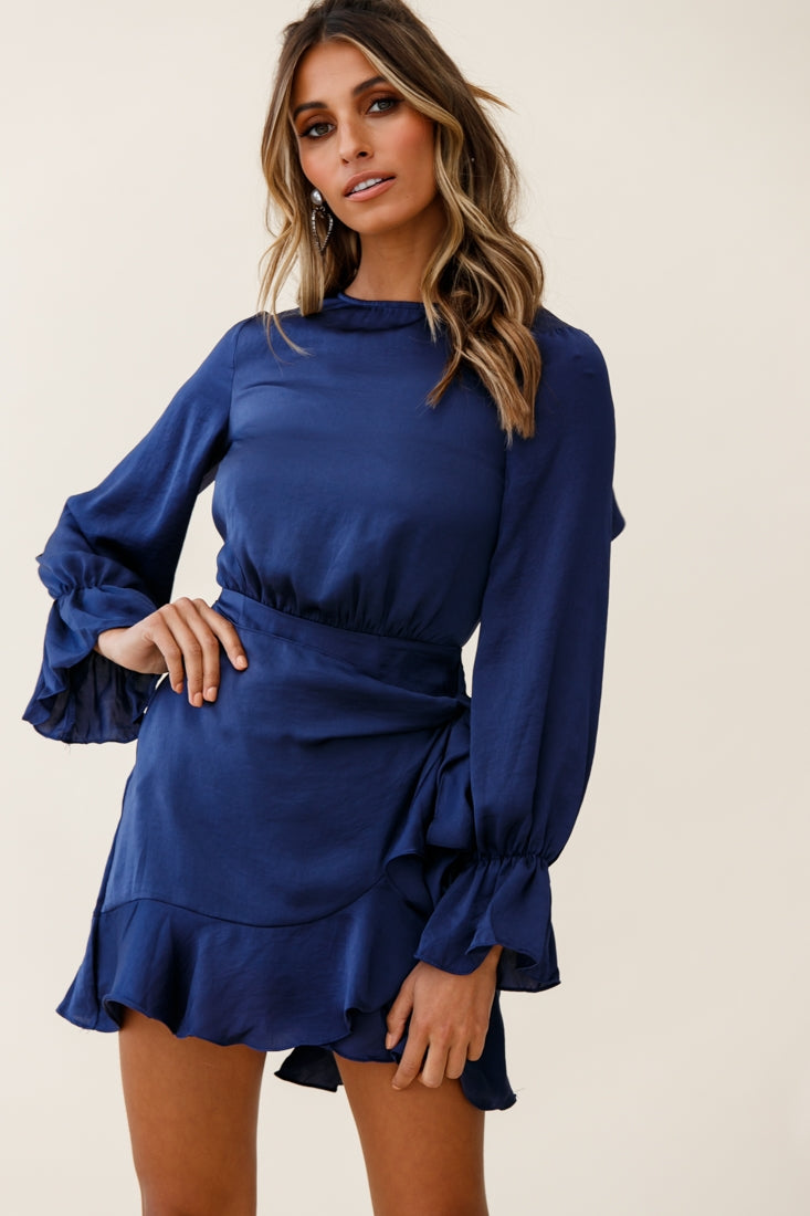 Darla Long Sleeve Satin Dress Navy-Maymioy