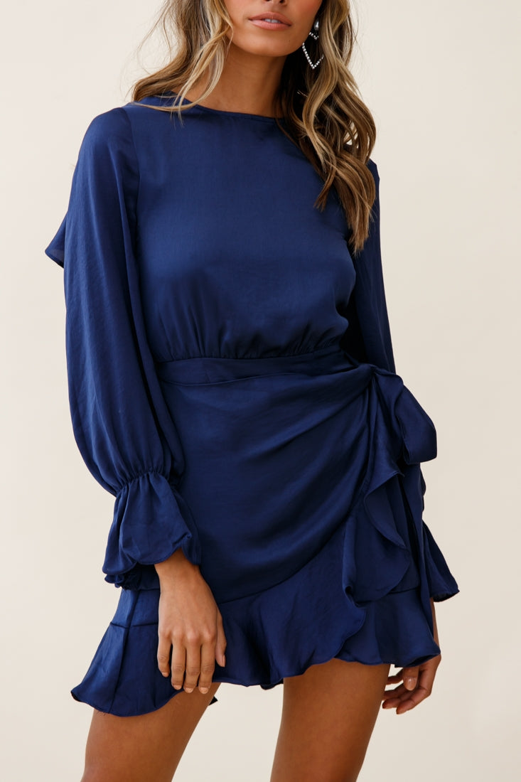 Darla Long Sleeve Satin Dress Navy-Maymioy