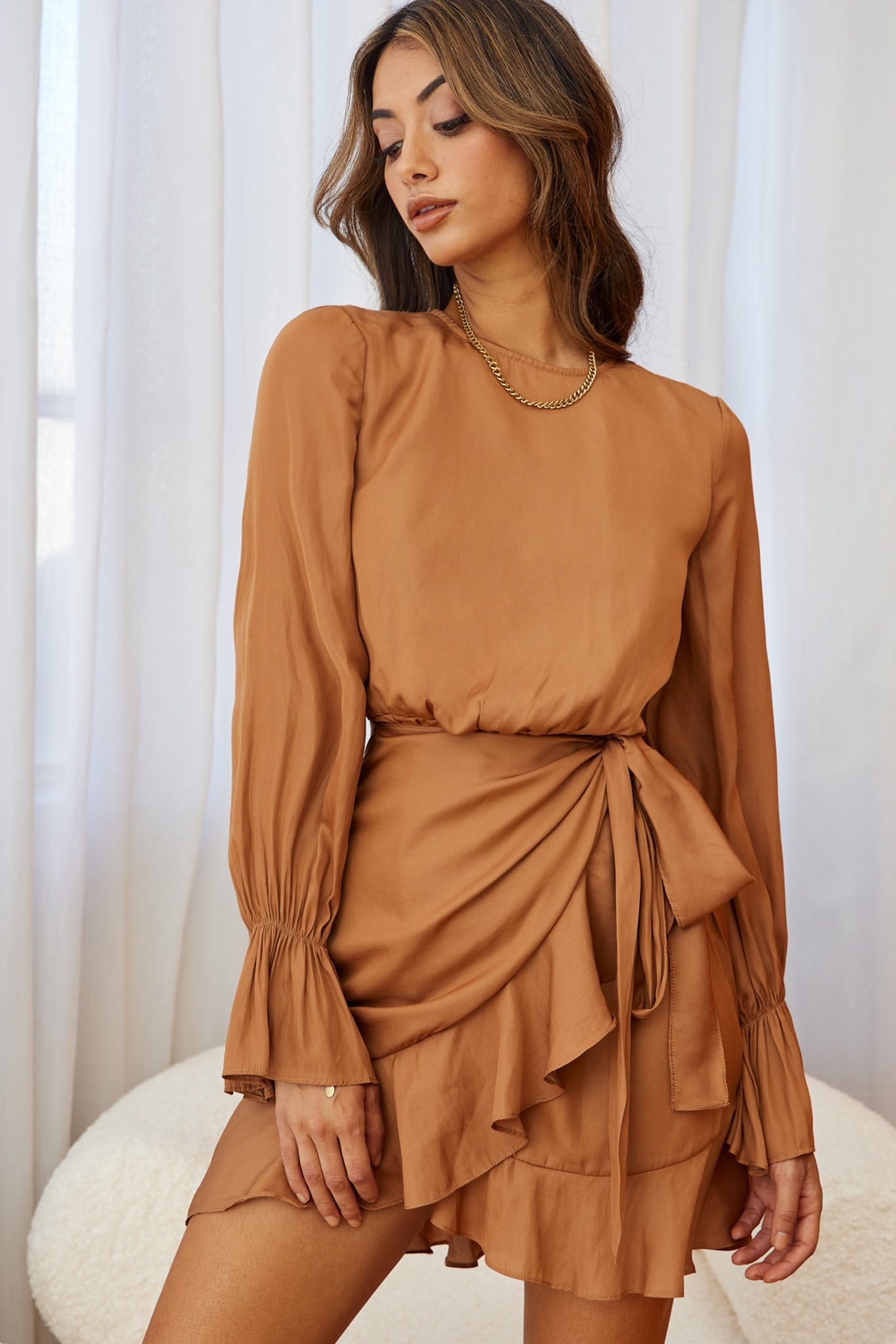 Darla Long Sleeve Satin Dress Tan-Maymioy