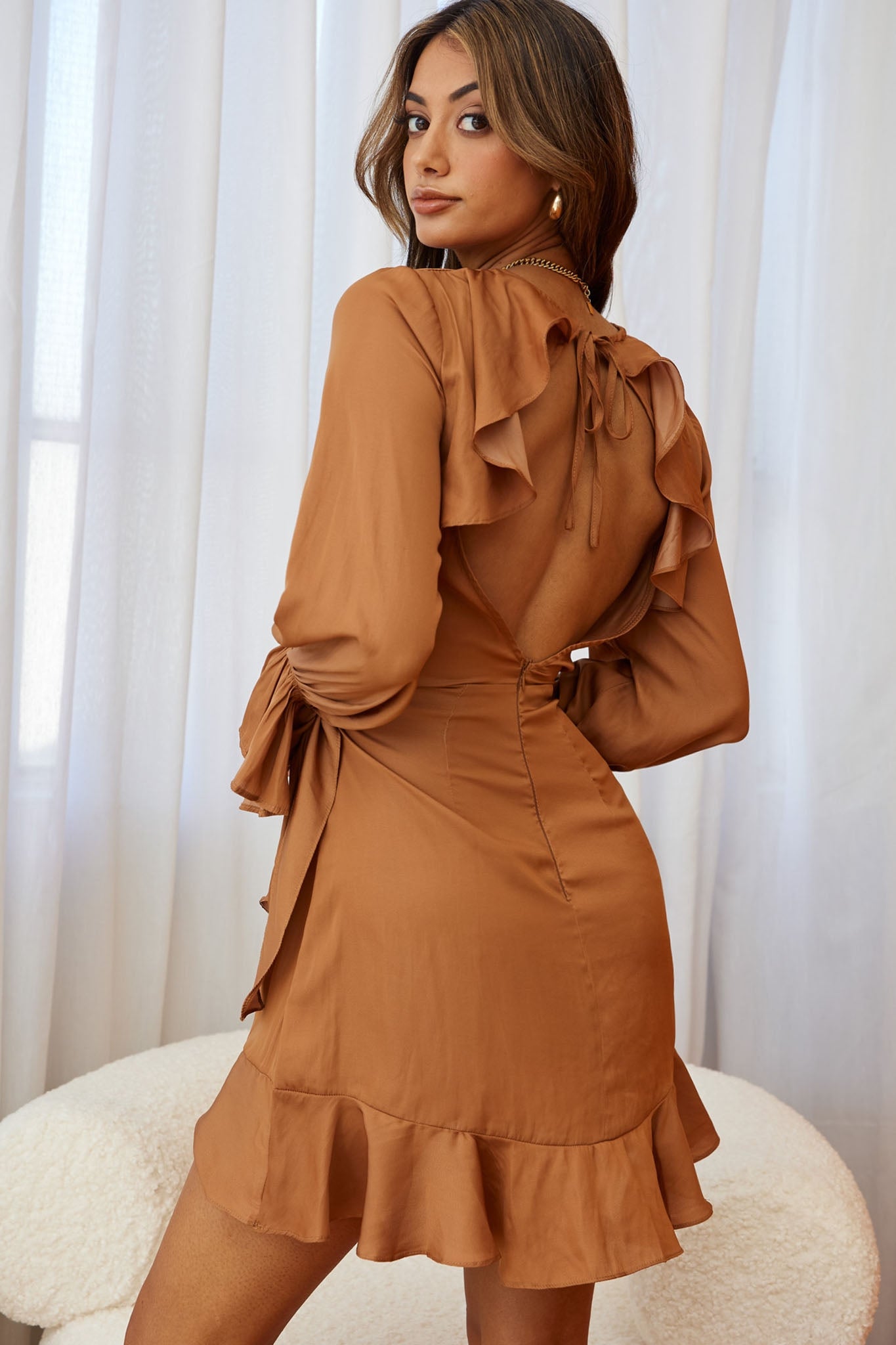 Darla Long Sleeve Satin Dress Tan-Maymioy