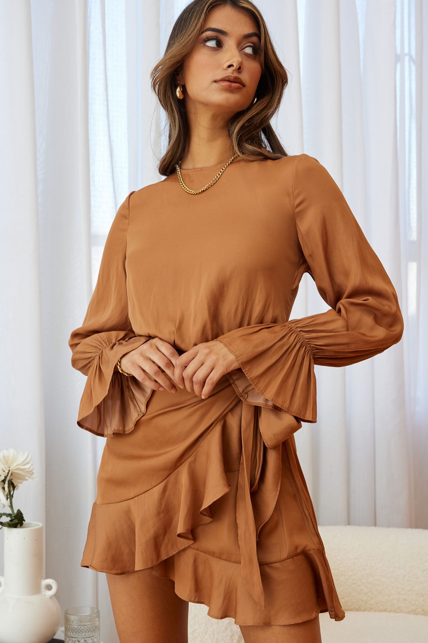 Darla Long Sleeve Satin Dress Tan-Maymioy