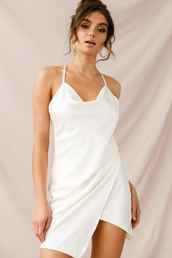 Hey Girl Cowl Neck Wrap Front Dress White-Maymioy