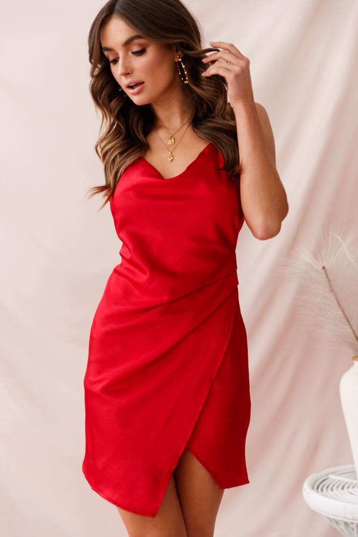 Hey Girl Cowl Neck Wrap Front Dress Red-Maymioy