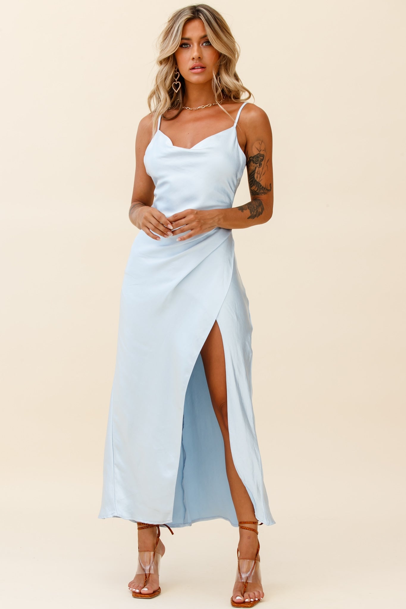 Hey Girl Long Satin Cowl Neck Dress Steel Blue-Maymioy