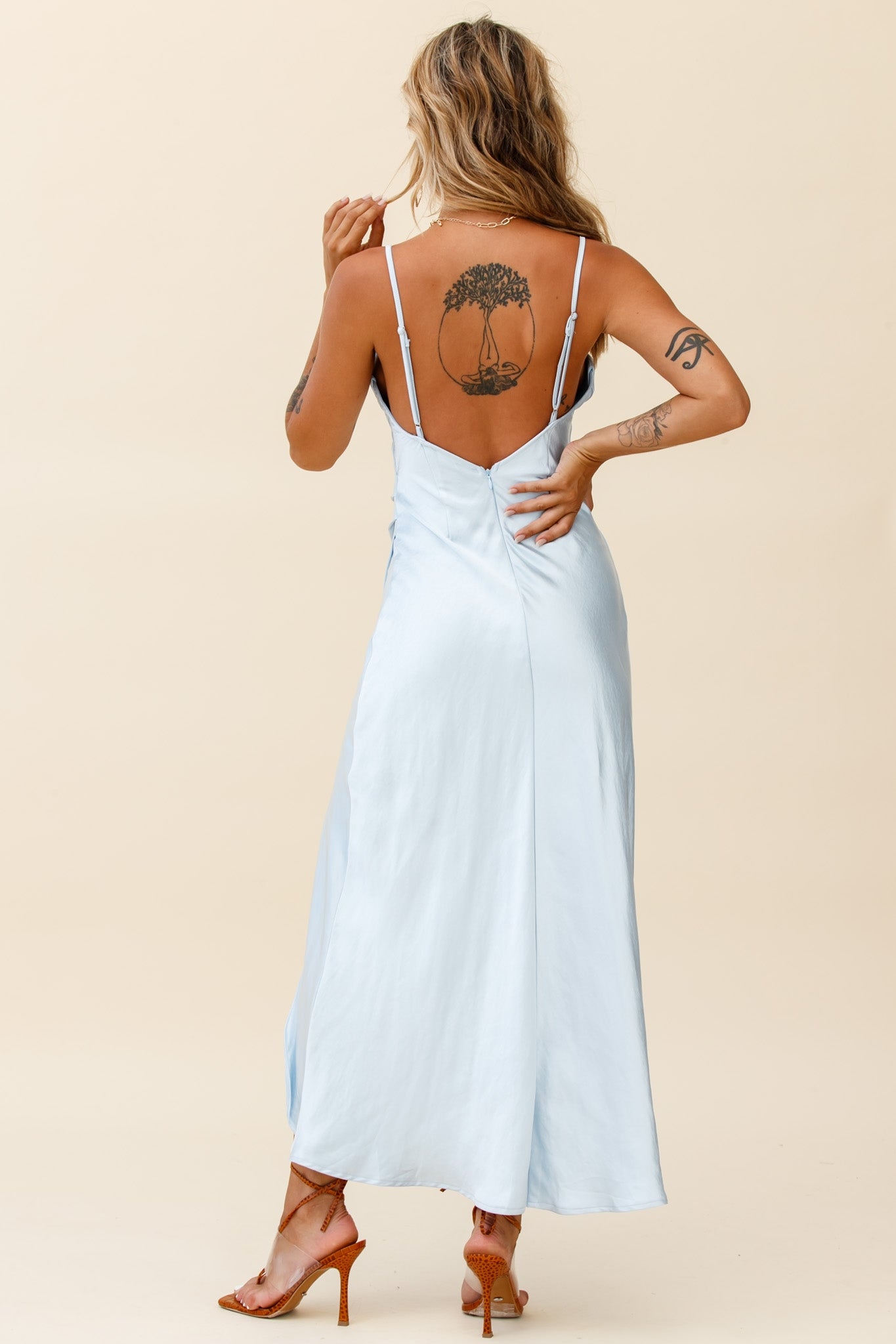 Hey Girl Long Satin Cowl Neck Dress Steel Blue-Maymioy
